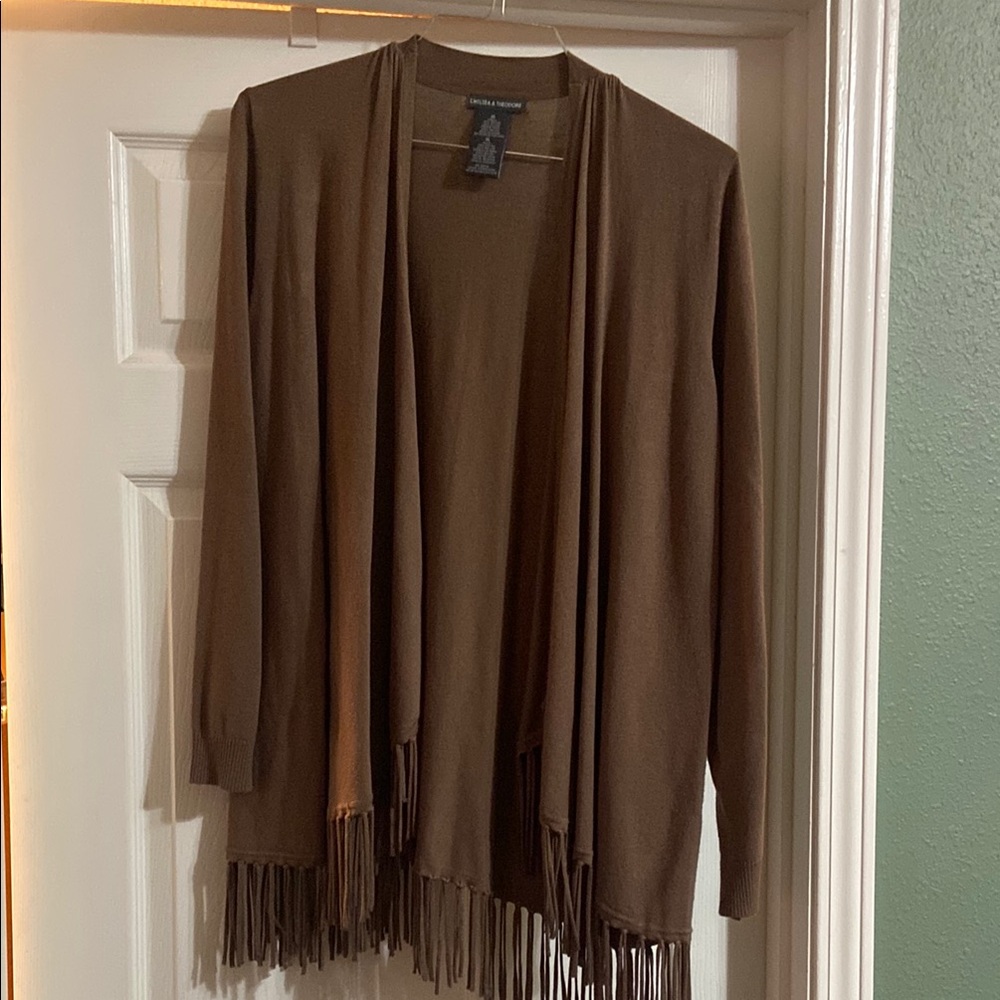 Chelsea & Theodore Brown Open-Front Cardigan with Fringe
